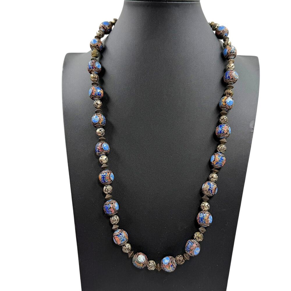Vintage 70s Chinese Export Silver Tone Shou Cloisonne Enamel Bead Necklace Blue